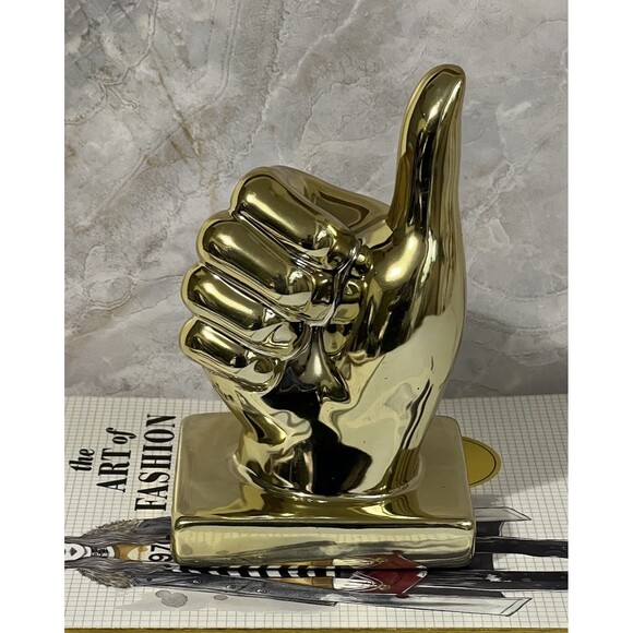 Ceramic Thumbs Up Sign Hand Sculpture Figurine Metallic Gold Tone Figural Decor - Picture 13 of 15